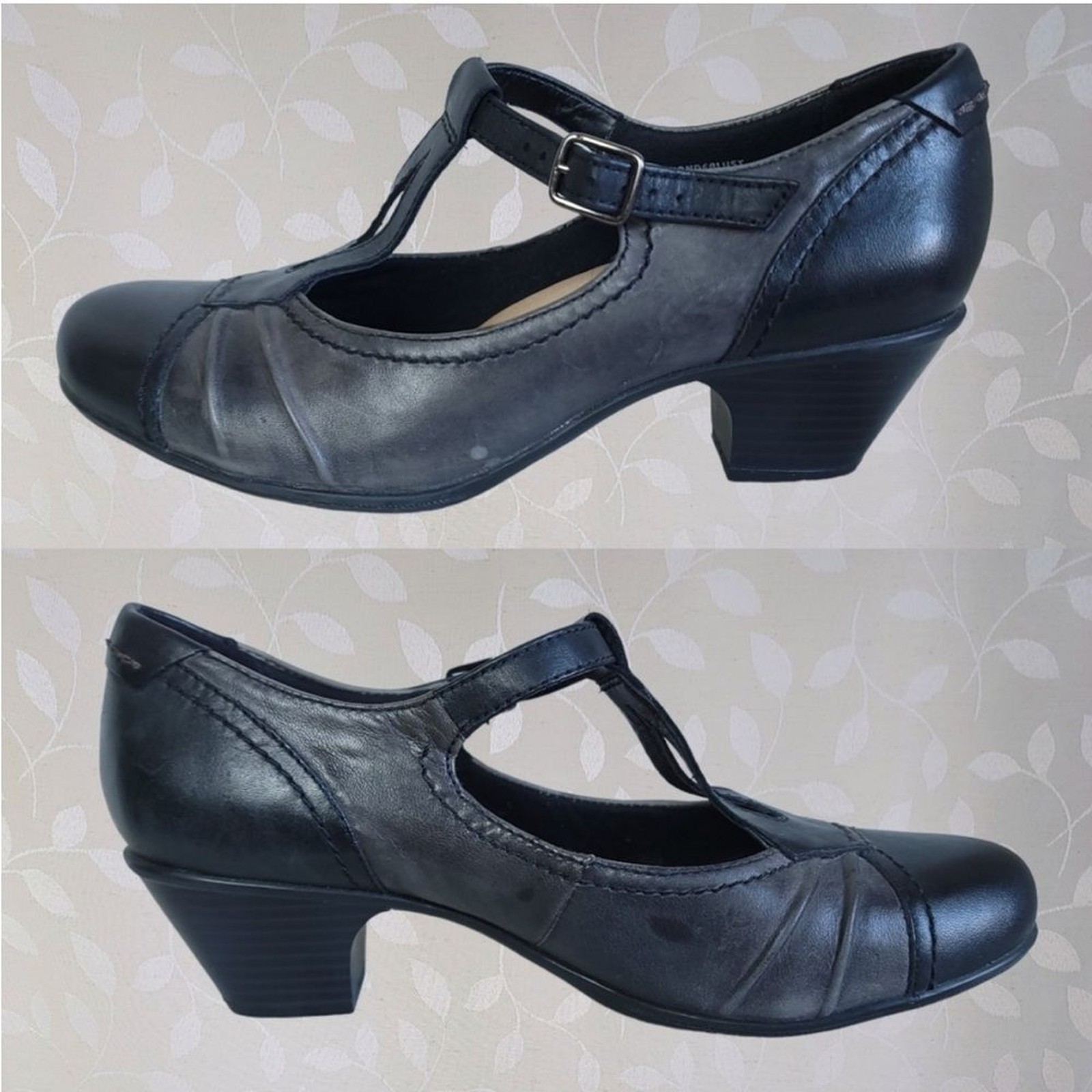 Earth Wanderlust Retro Leather T Strap Maryjane Heels Black Gray size 7.5