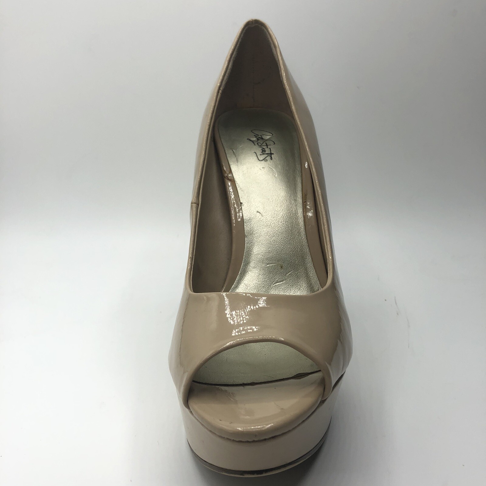 City Streets Womens Size 8.5 Tan Slip On Peep Toe Platform Pumps
