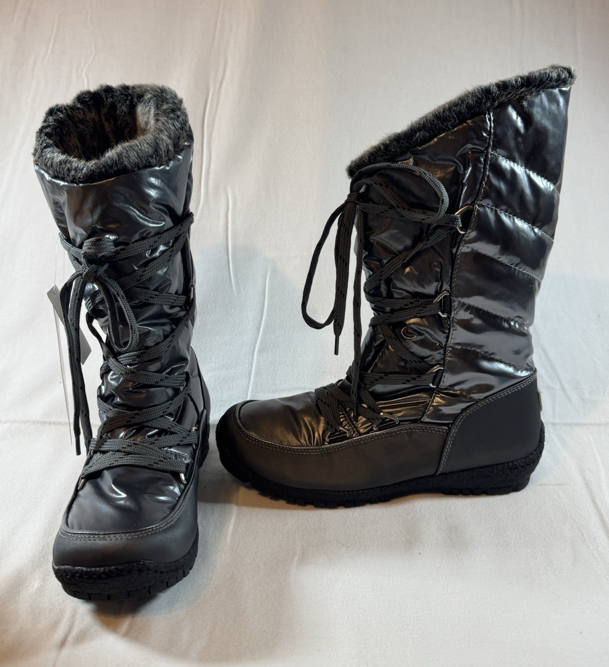 Sporto Charlie Waterproof Lace-Up Winter Boots Black Faux Fur Trim Women 7.5 M