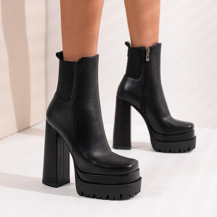 Women’s Casual Party Prom Ankle Boots Side Zip Block high Heel Platform Shoes