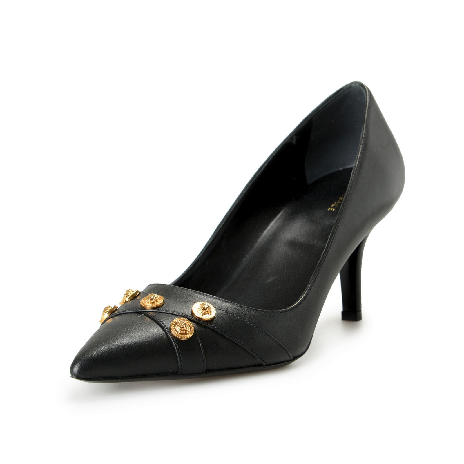 Versace Women’s Black Gold Medusa Logo Leather Heeled Pumps Shoes US 6 IT 36
