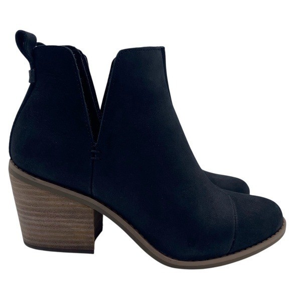 TOMS Womens Shoes Leather Booties Sz 6 Black Stacked Heel Casual Side Cut Ankle