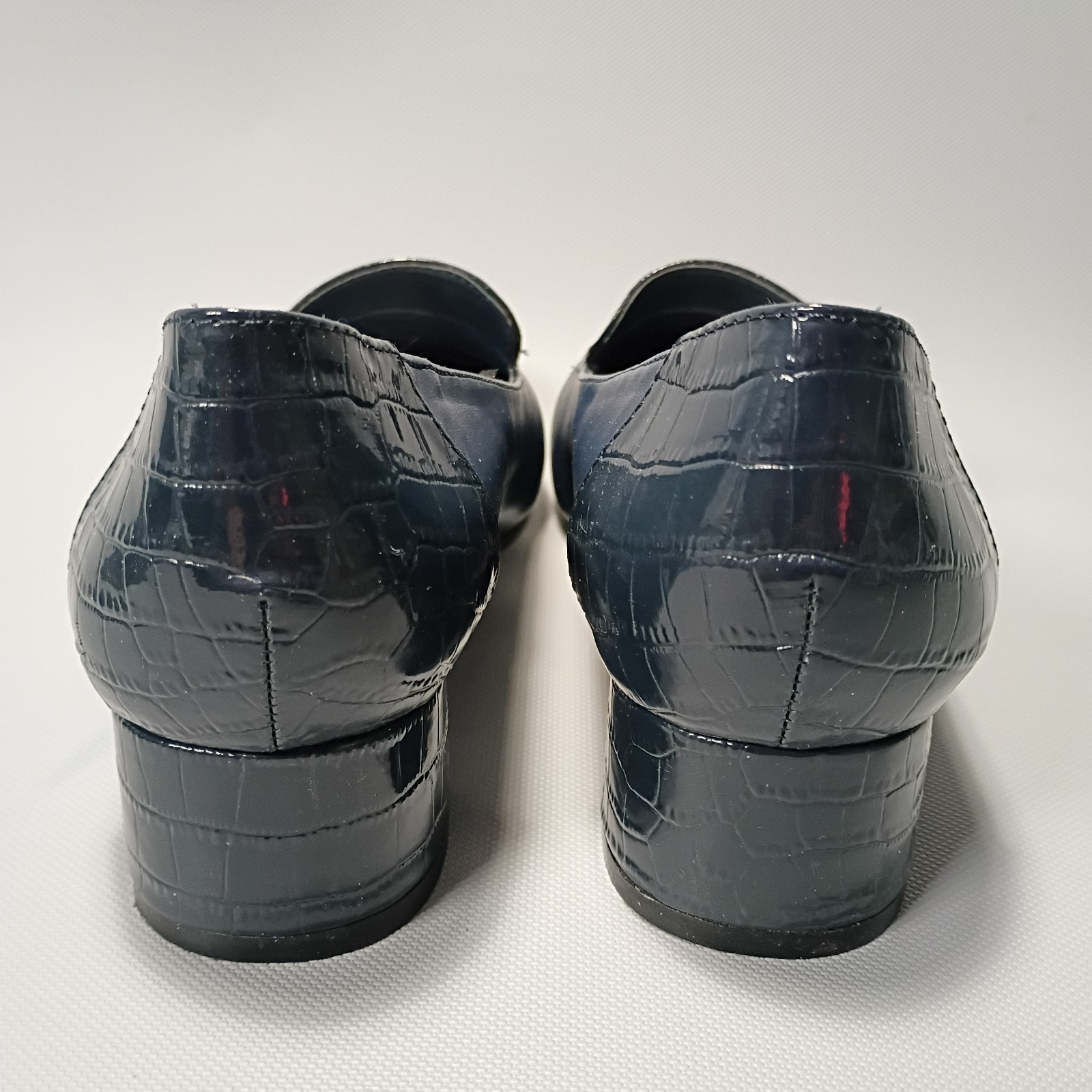 London Fog Fulton Croc Loafers Navy Leather Dress Shoes Block Heel Womens 8.5M