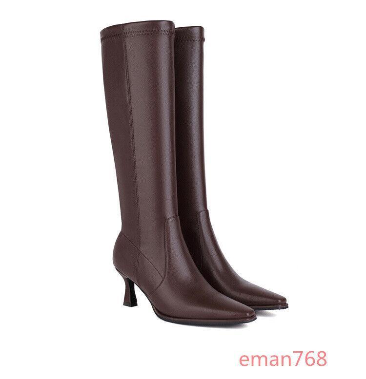 Women Faux Leather Knee High Knight Boots Kitten Heels Pointed Toe Shoes