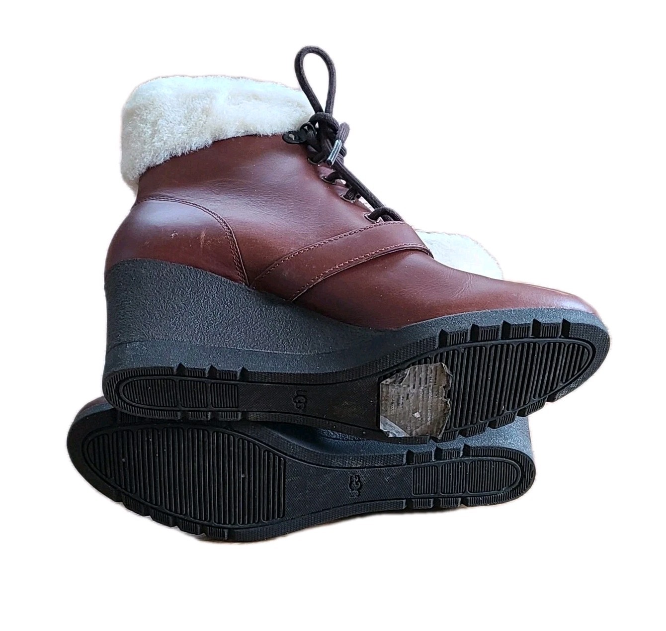 UGG Janney Brown Boots Womens 8.5 Leather & Sheepskin Lace Up Wedge Ankle Bootie