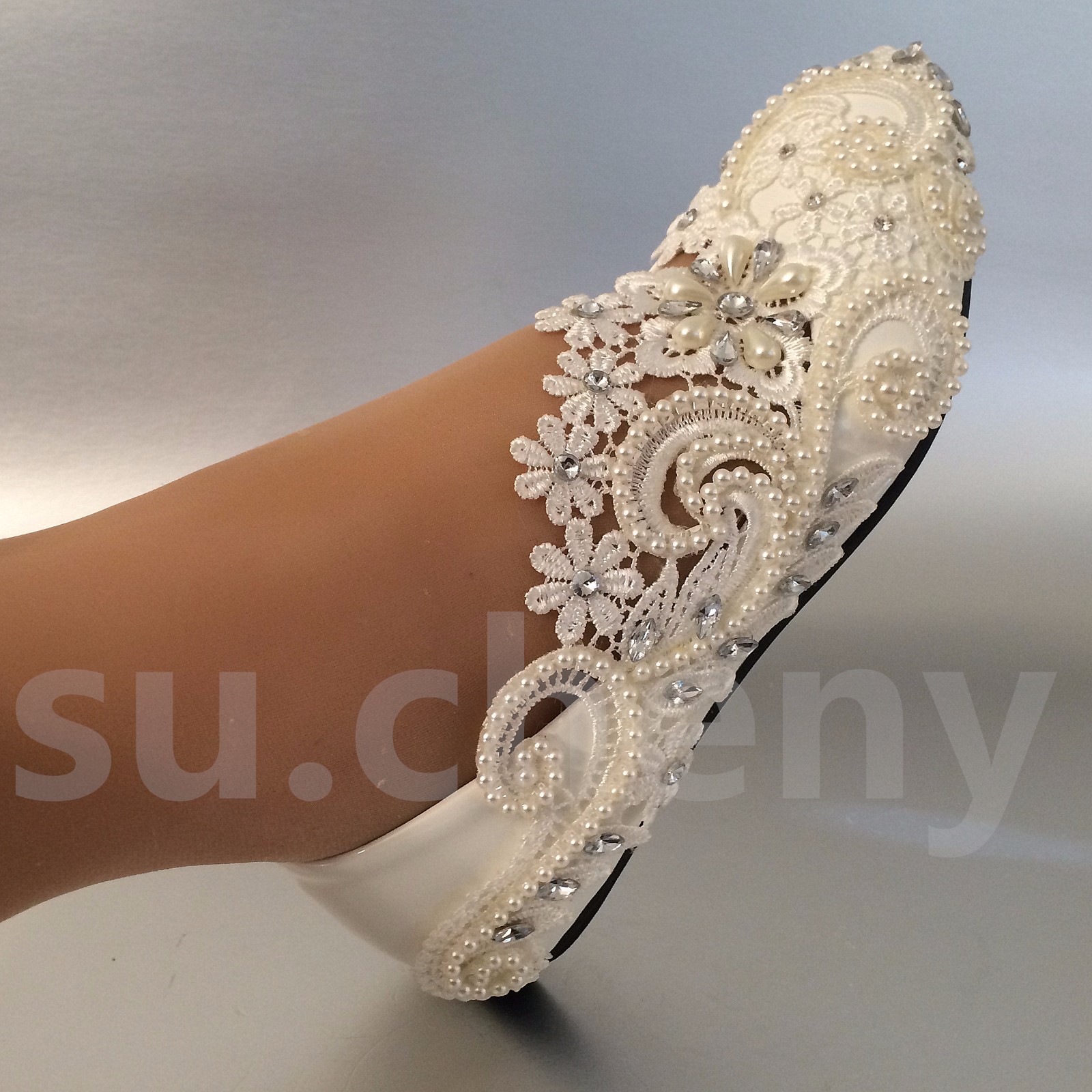 su.cheny White ivory pearls rhinestones lace flat Wedding shoes Bridal size 5-13