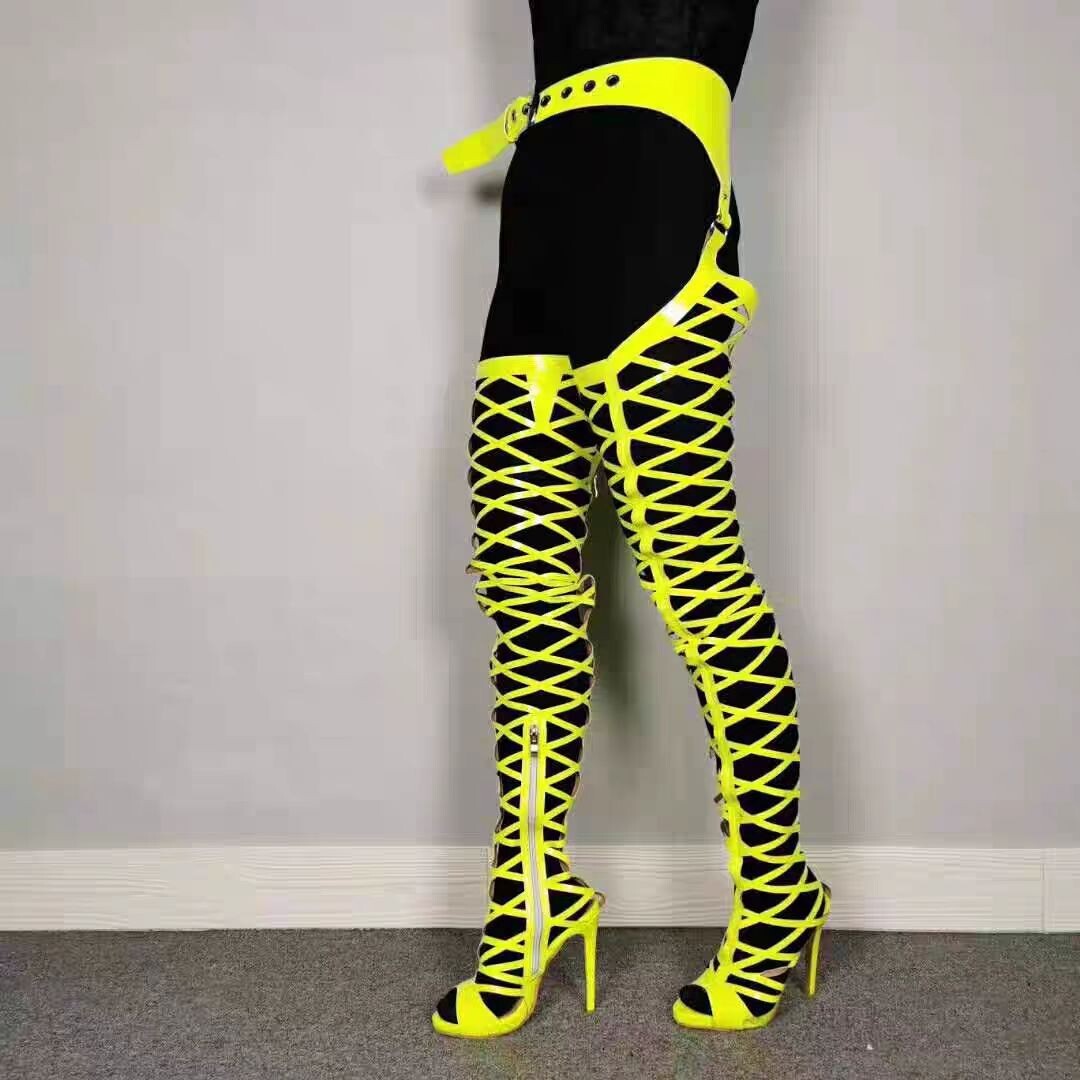 Women Boots Neno Bright Fishnet Crotch Thigh High Boots With Waist Belt Open Toe