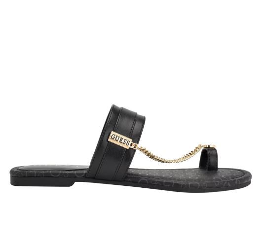 NEW WOMEN’S BLACK LEATHER GOLD CHAIN GUESS FLIP FLOP SANDALS LOCKS 5,6,7,8,9,10