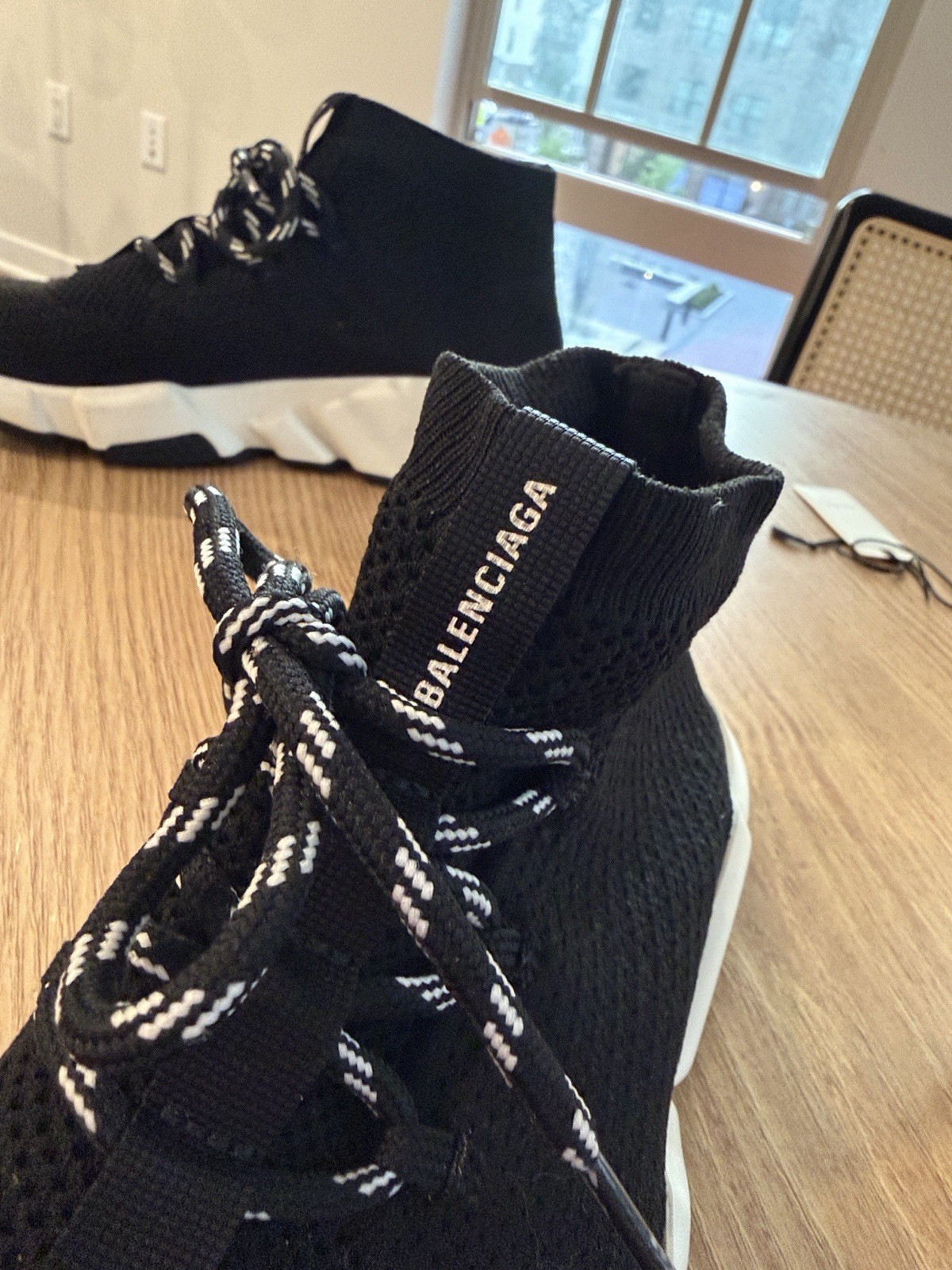 Balenciaga Speed Knit Mid Top Sneaker Black/White Lace Up Logo 517319W07U0
