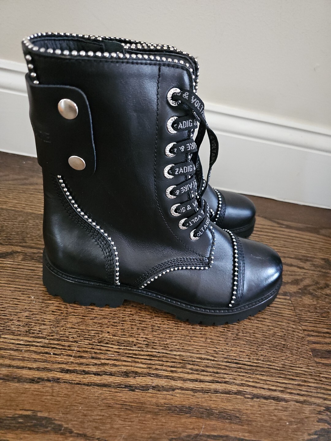 Zadig & Voltaire Joe Studs Boots Black Leather Lace Up Zip Logo $548, Sz 36 NIB!