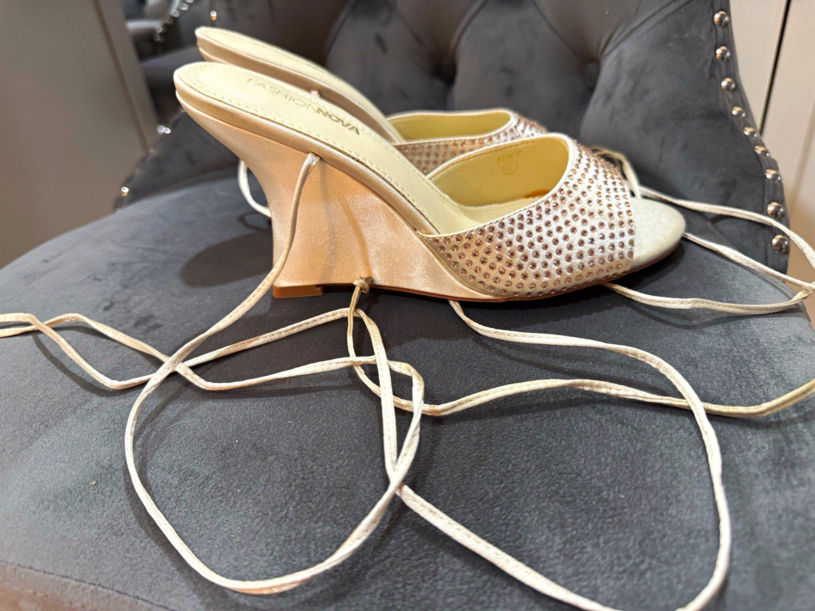 Fashion Nova Faux Silk Rhinestone Strappy Lace-Up Ankle Strap Sandals 7