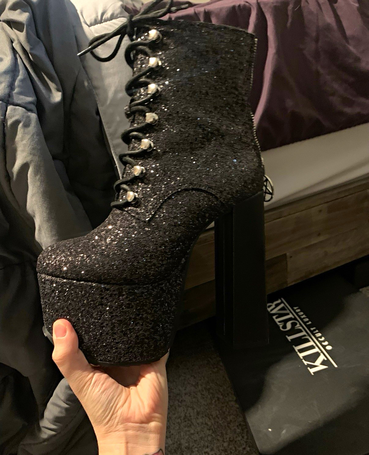Women’s Black Glitter Platform Ankle Booties Lace-Up Block Heel Round Toe 7