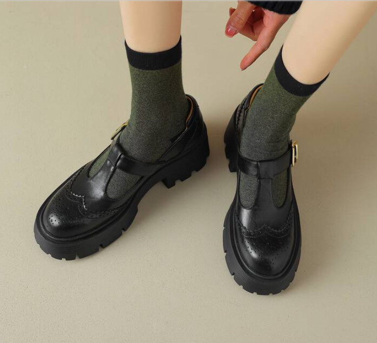 Women’s Leather Platform Mary Jane Thick Sole Dress Preppy Casual Carved Shoes