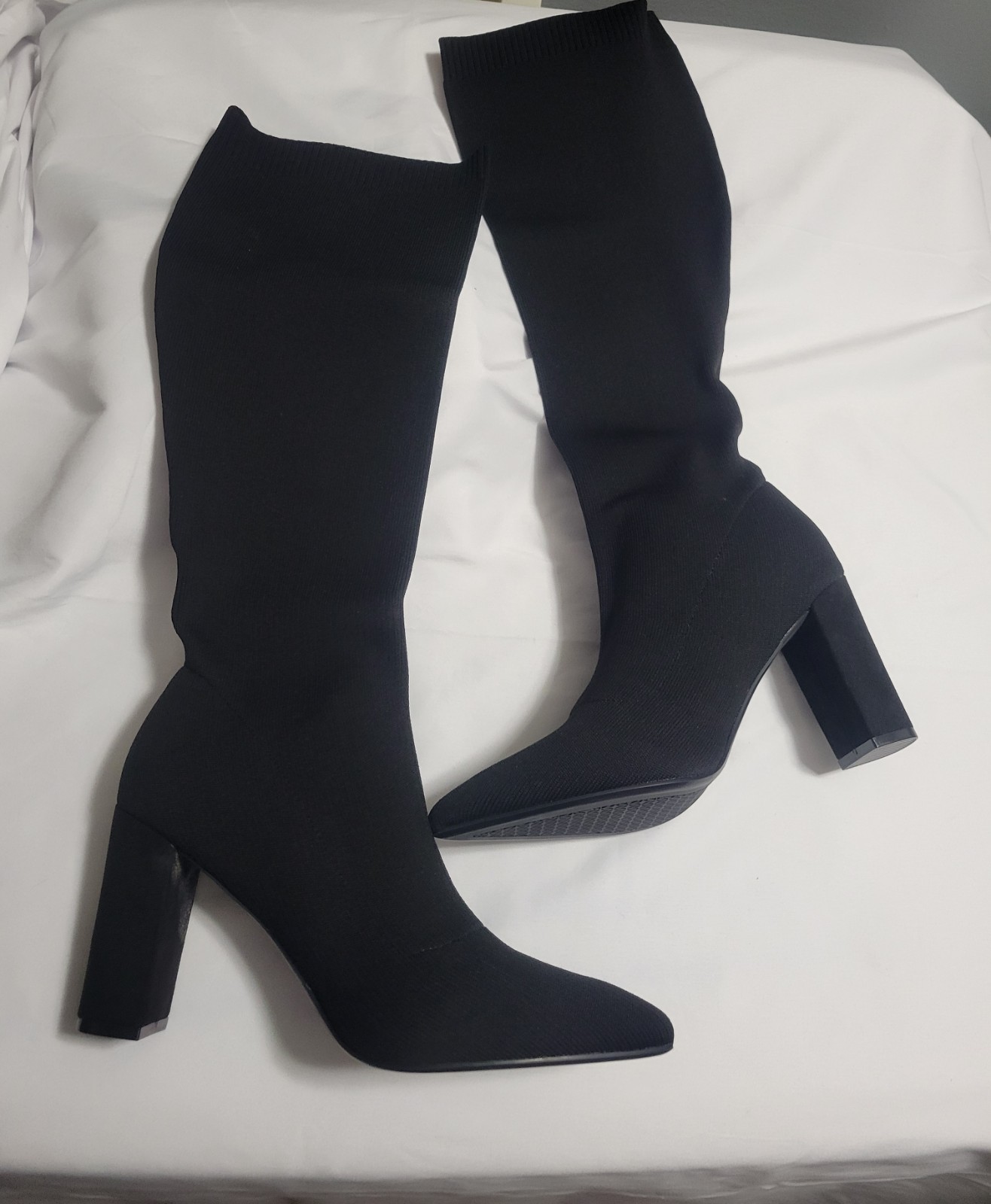 NIB Newbella Black Knit Boots Women’s Size 8 Pointed Toe Block Heel Stretch New