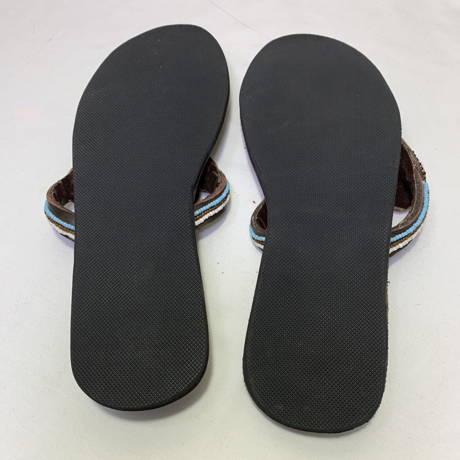 Hand Tooled Leather Sandals Thong Flip Flop Seed Bead Bohemian Size 37 US 6.5