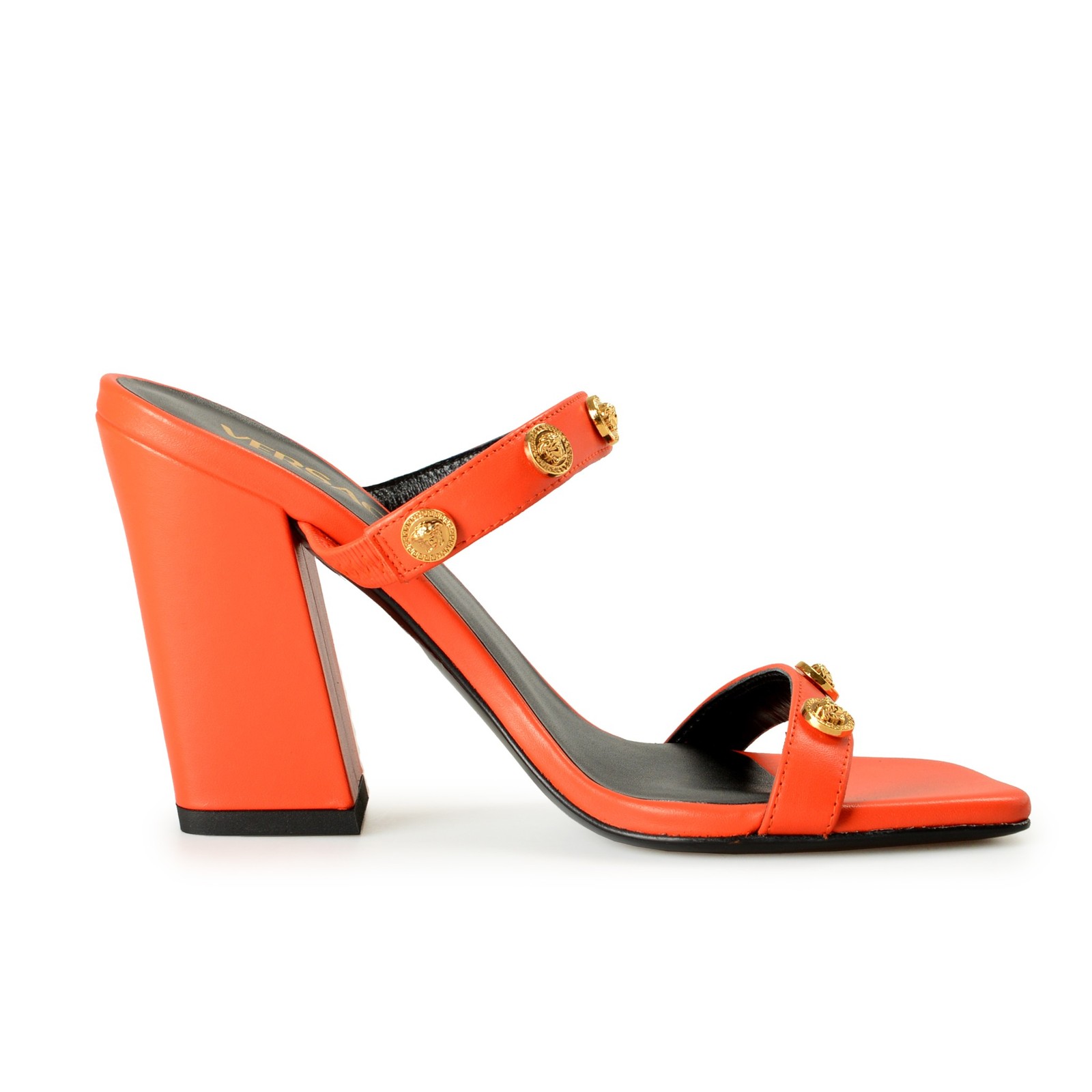 Versace Women’s Coral Gold Medusa 100% Leather Sandals Mules Shoes US 6 IT 36