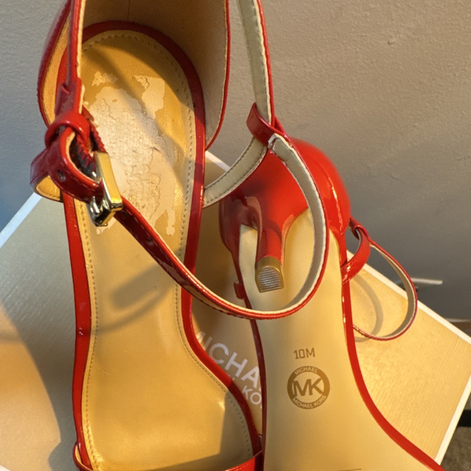 Michael Kors Red Patent Leather Ankle Strap Sandal Buckle Logo US 10 M