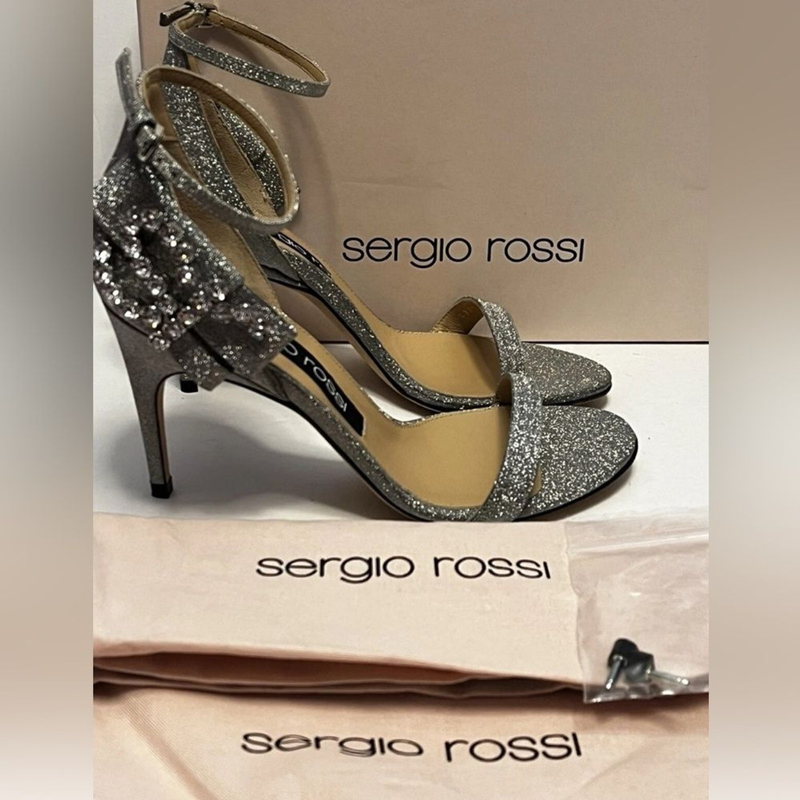 Sergio Rossi Argento Shiny Glitter Silver Heels $980 Size 37