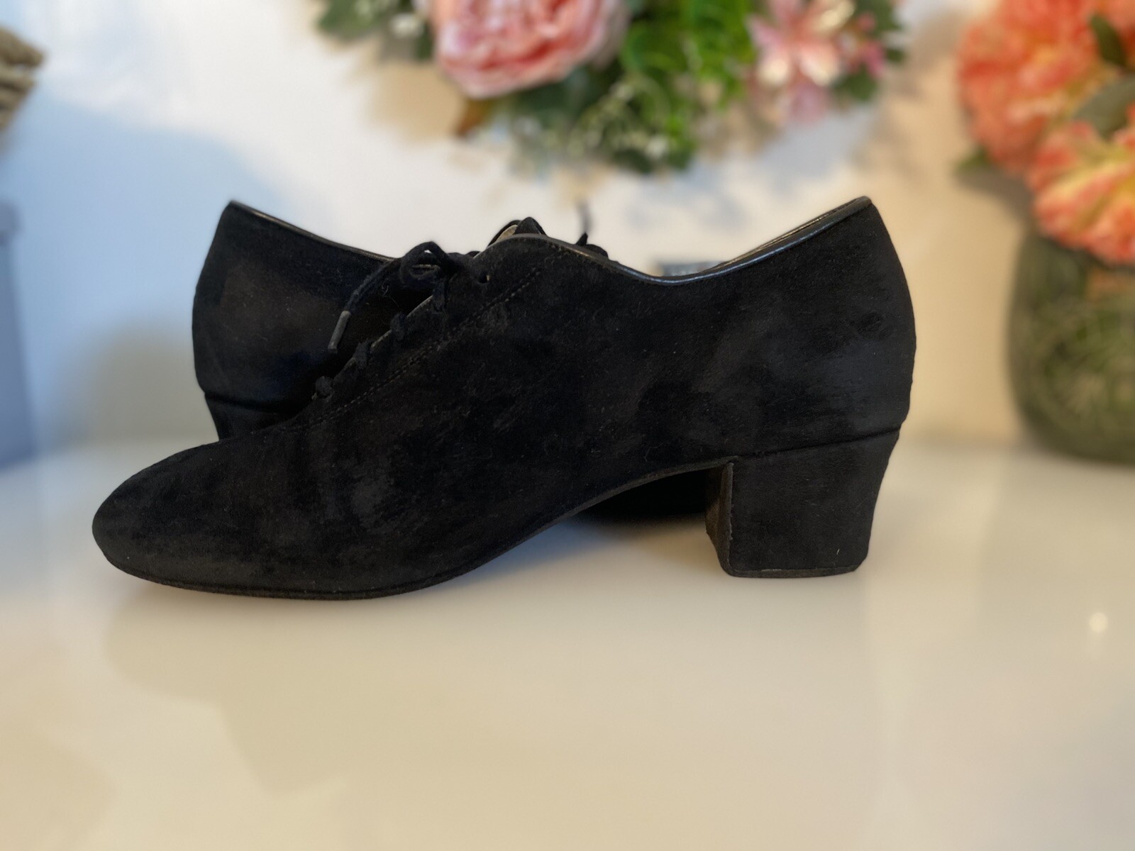 Vintage Celebrity Suede Handmade In USA Black Lace Up Heel Shoes Women Size 7.5