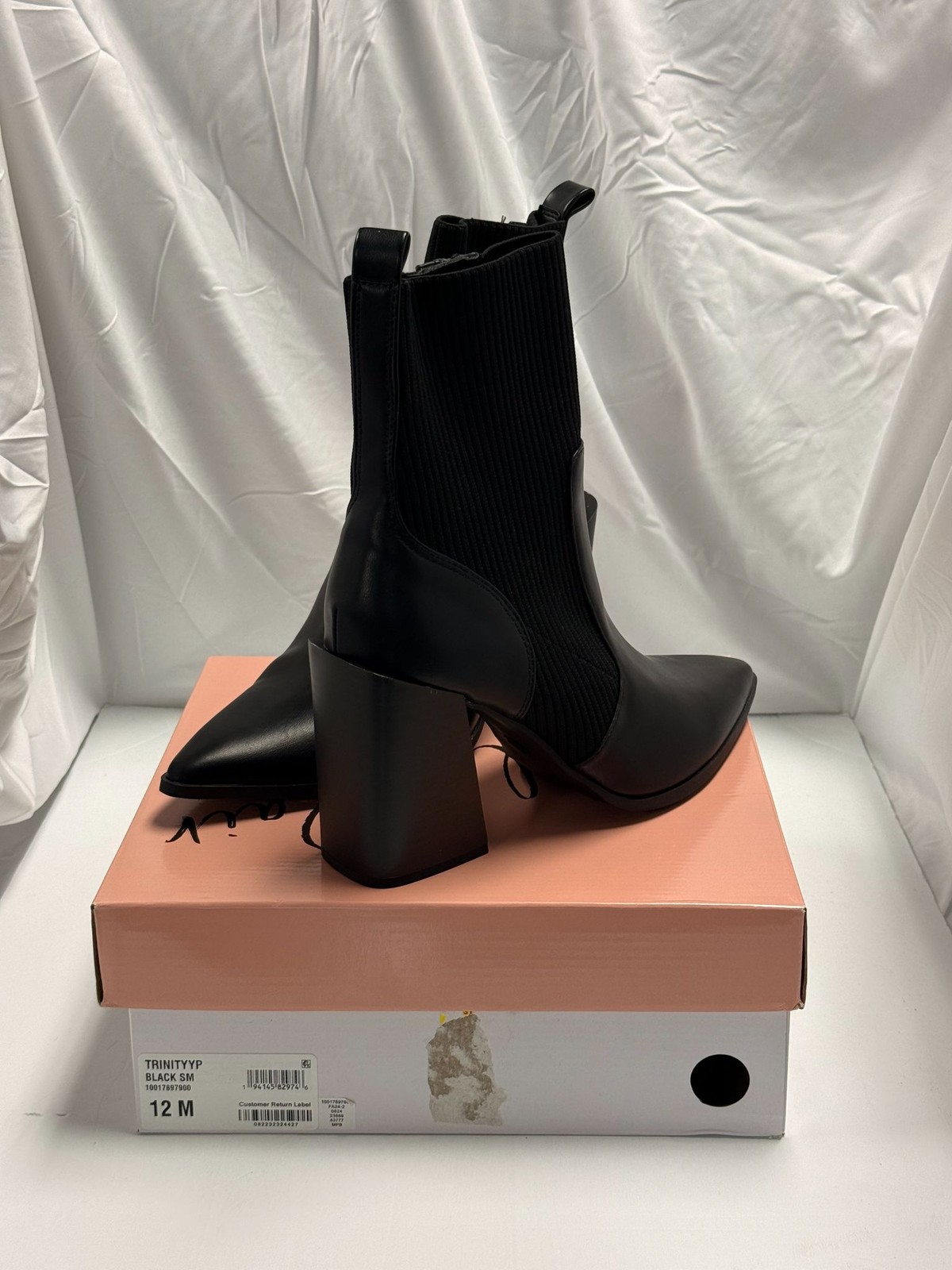 Wild Pair Black SM Pointed Toe Block Heel Sock Boots 12 M New