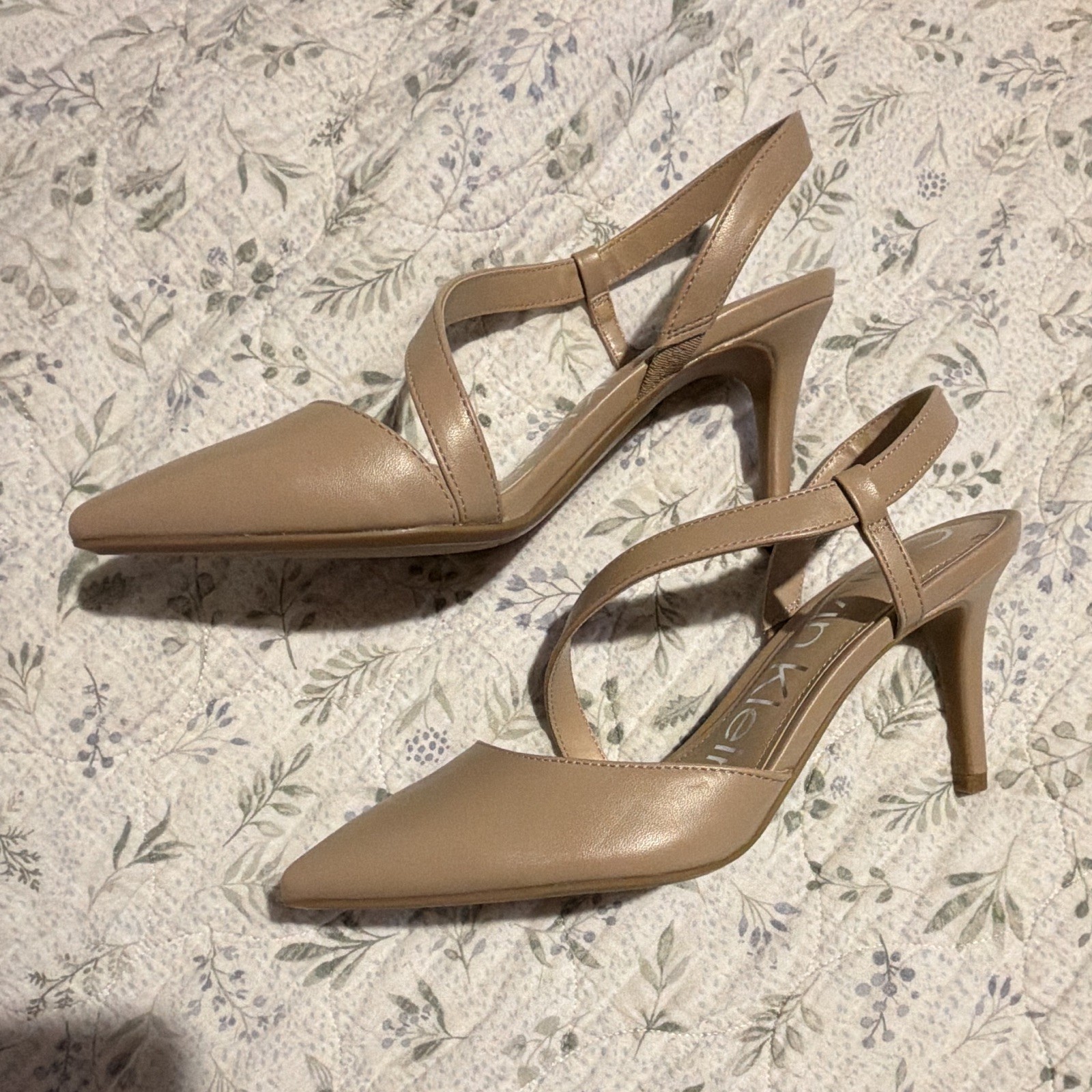 Calvin Klein Women’s Beige Faux Leather Strappy Pointed Toe Slingback Pumps