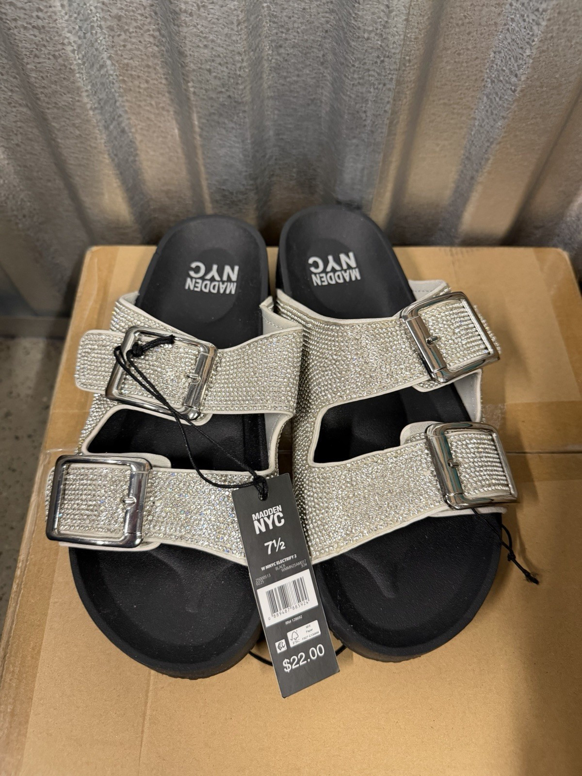 Madden NYC Women’s Slide Sandals Slip-On Synthetic Buckle Black/Silver 7.5