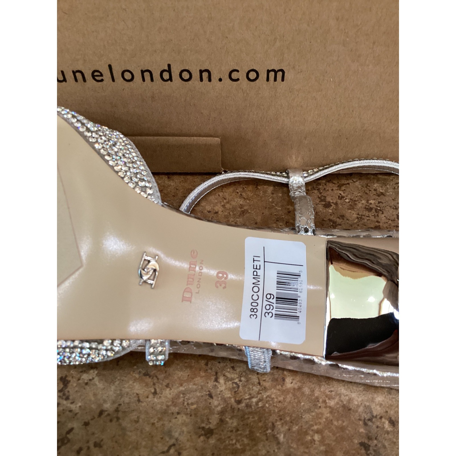 Dune London Competitive Silver Rhinestone Slingback Kitten Heel Pumps 39/9 NEW