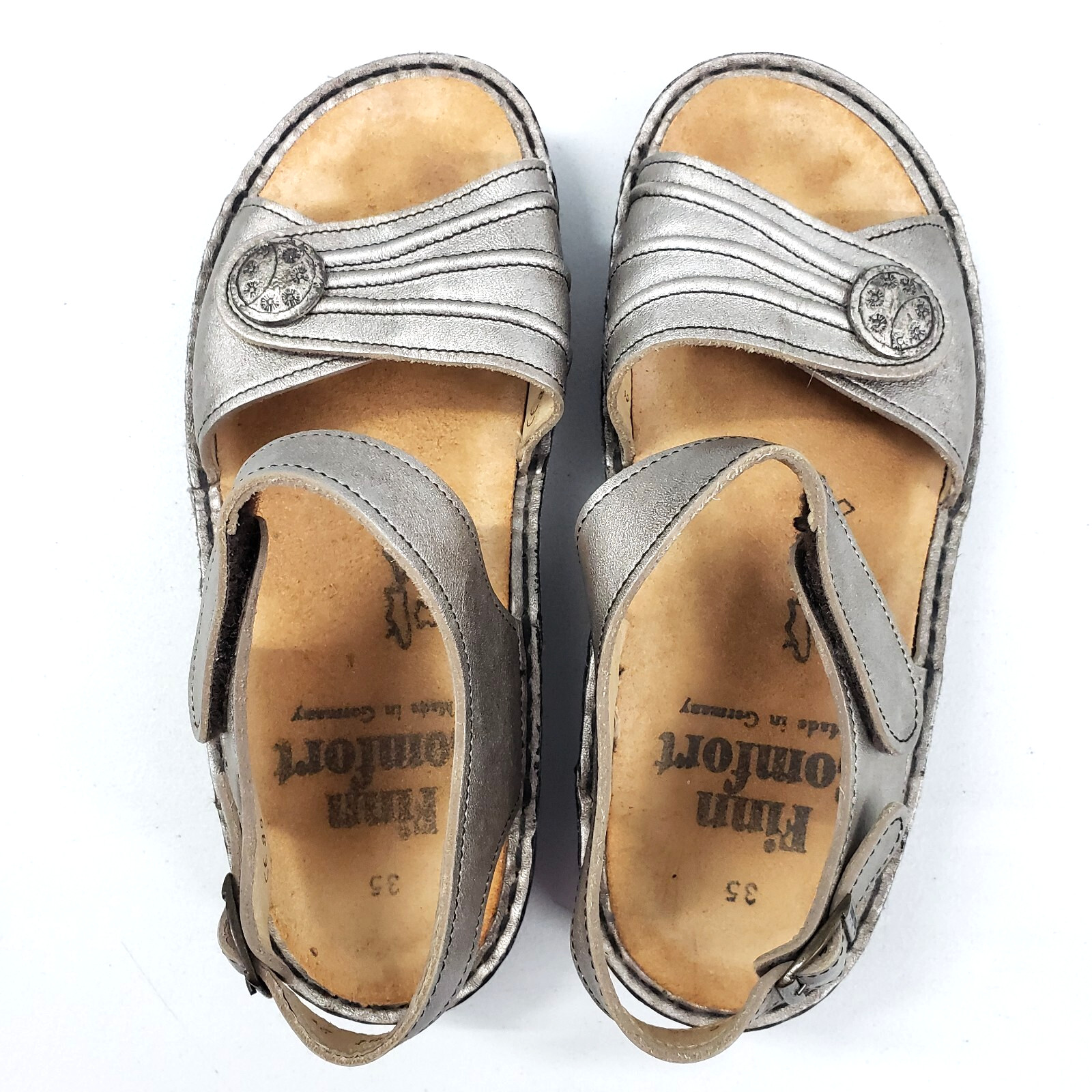 Finn Comfort SAUSALITO EUR 35 US 5 Silver Argento Leather Ankle Strap Sandals