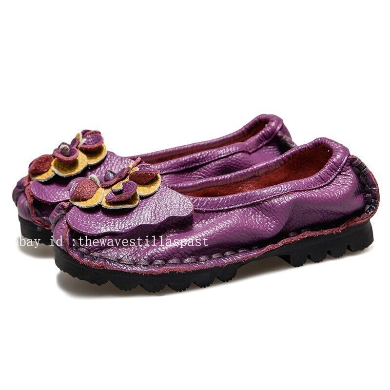 Leather Flat Shoes Women Flats with Flowers Ladies Soft Shoes Loafers Slip On