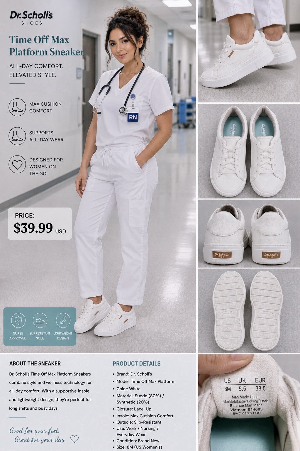 Dr Scholls Time Off Sneakers Womens 8 M White Platform Comfort Shoes