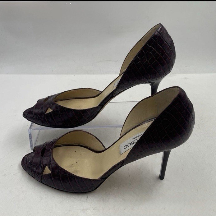 Jimmy Choo Women’s Burgundy Croc-Embossed Leather Peep Toe Pumps 9