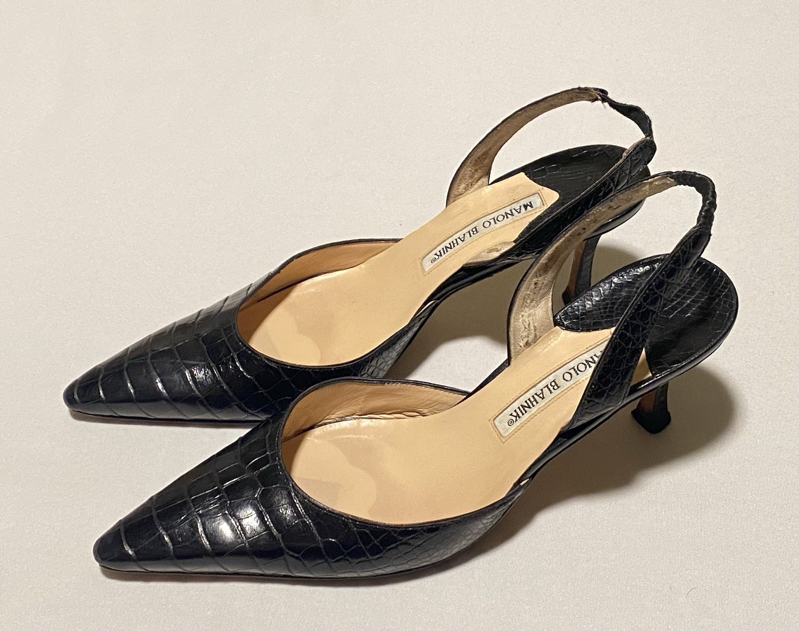 Manolo Blahnik Carolyne Crocodile Black Slingback Women Heel Shoe EU39/US9 $5400