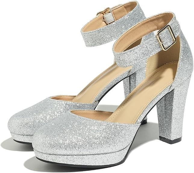 Lyngixko Women’s High Block Heels Pumps Round Closed Toe Ankle Strap