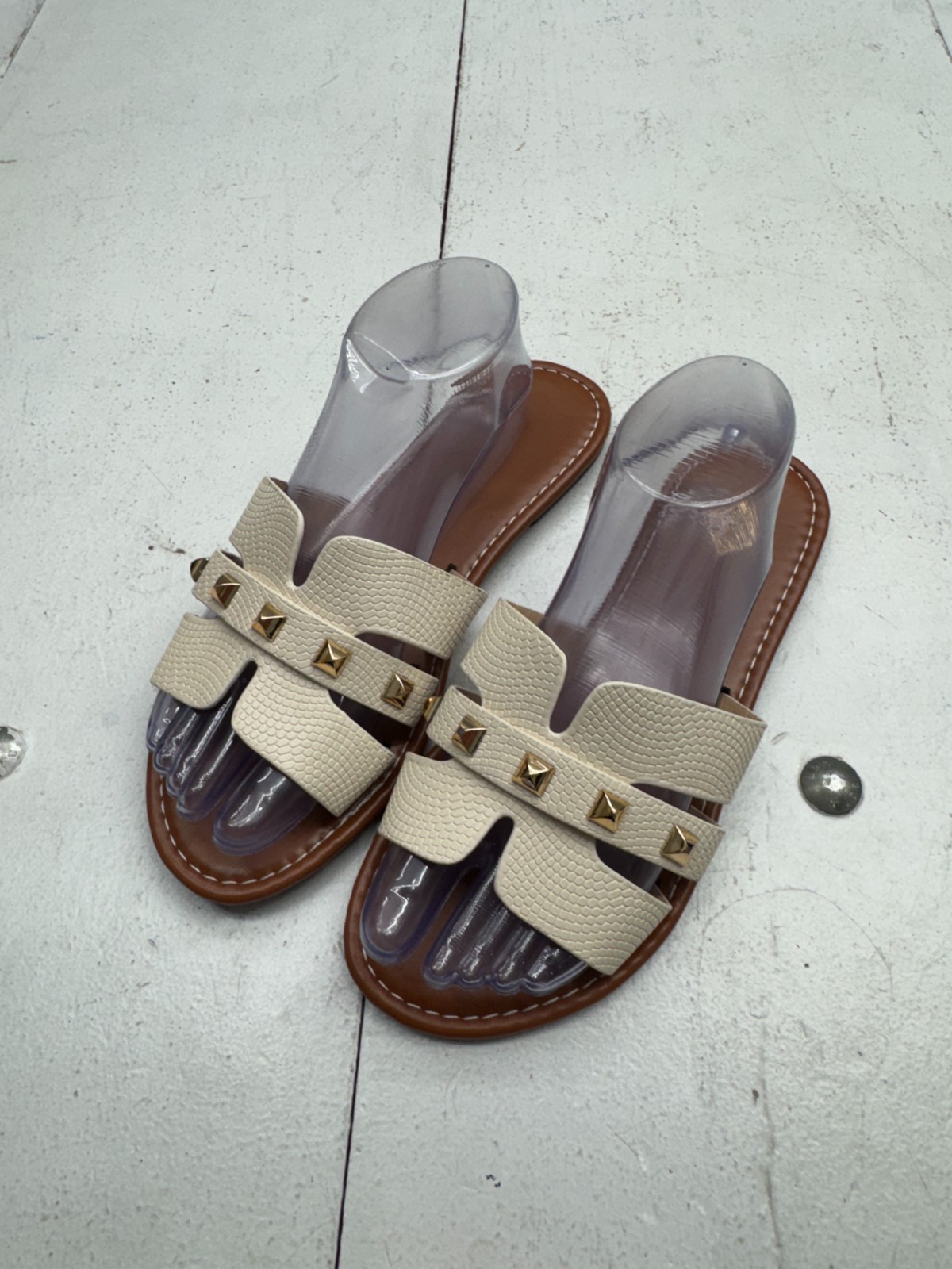 Shein Brown White Faux Leather Gold Stud Strap Sandals Womens Size 8.5