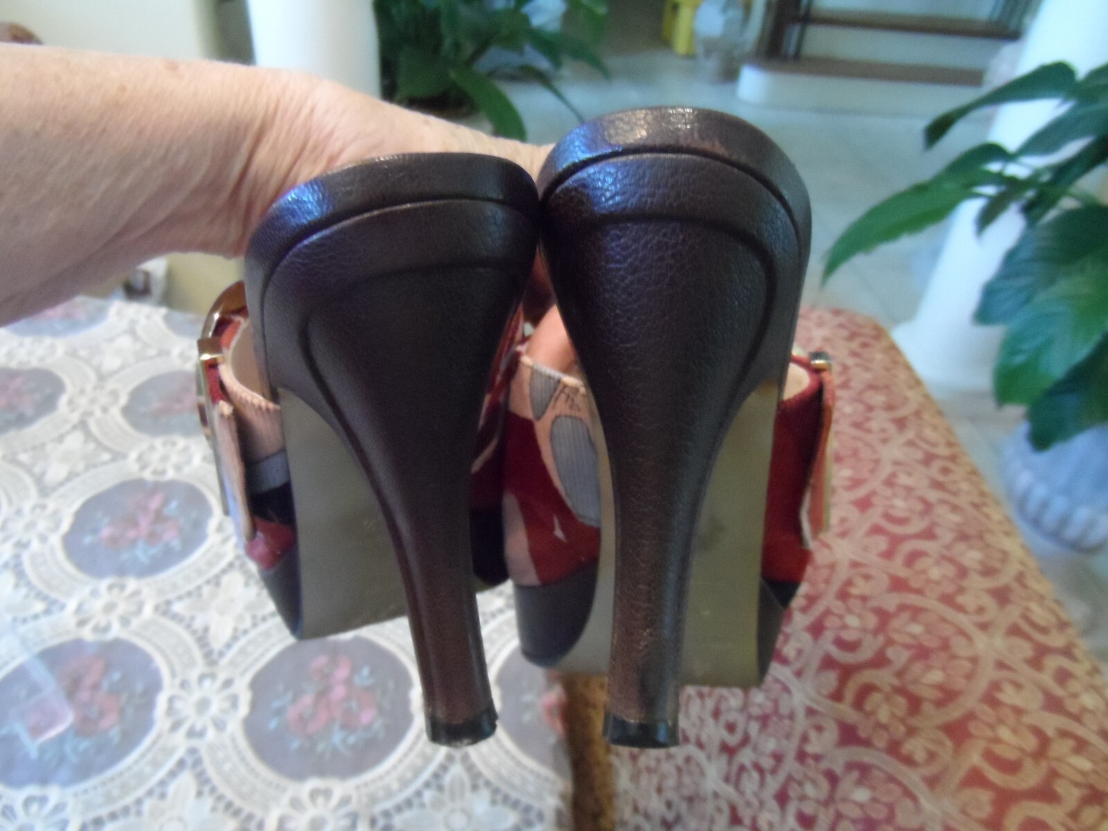Emilio Pucci Brown Multi Color Corduroy Mules w/Gold LOGO Buckled Size 37.5B