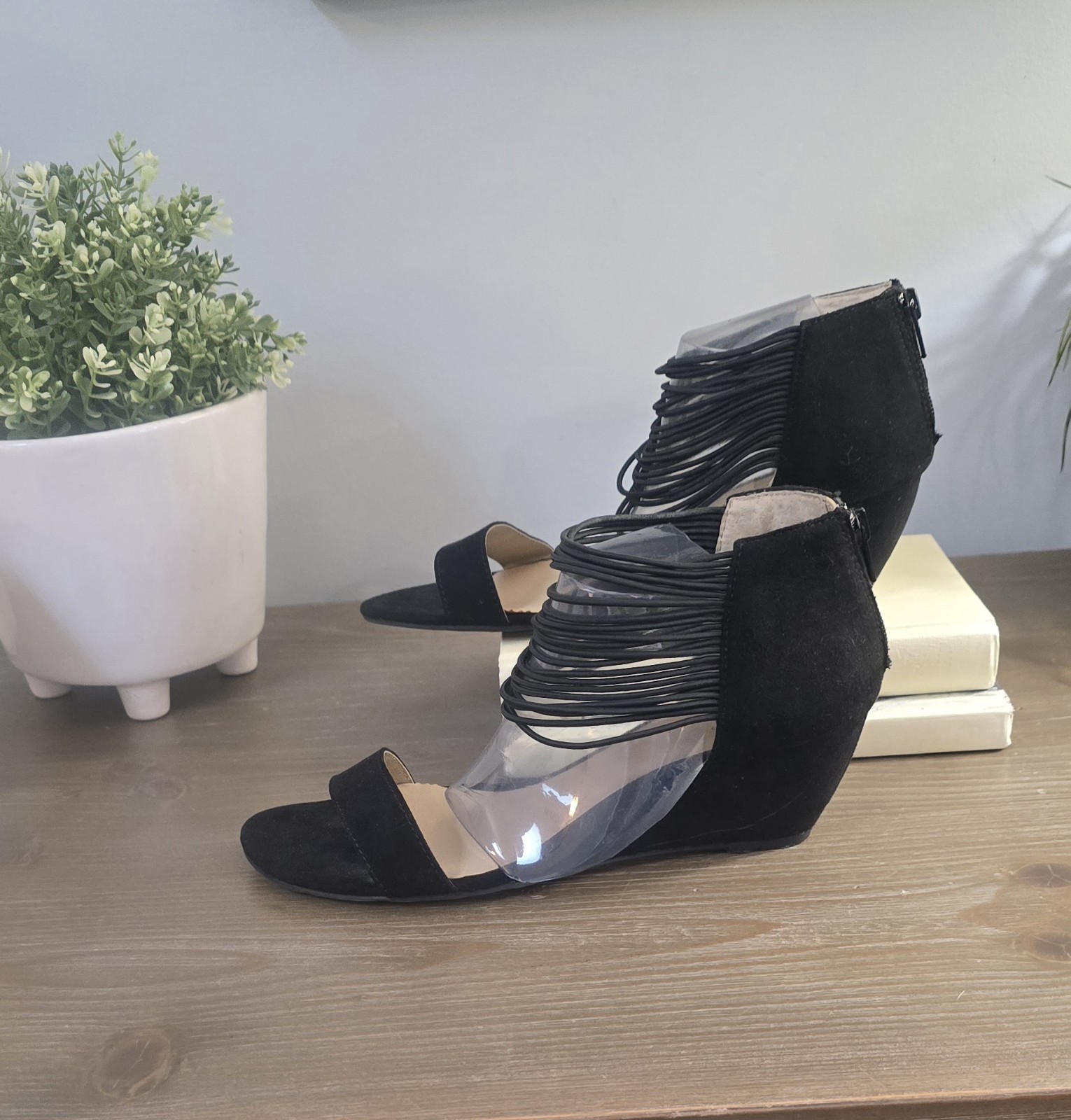 1085 a.n.a. Black Strappy Cage Wedge Sandals Size 8