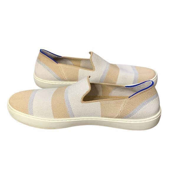Rothy’s Birch Stripe Slip On Sneaker in tan, blue silver and white. Size 10