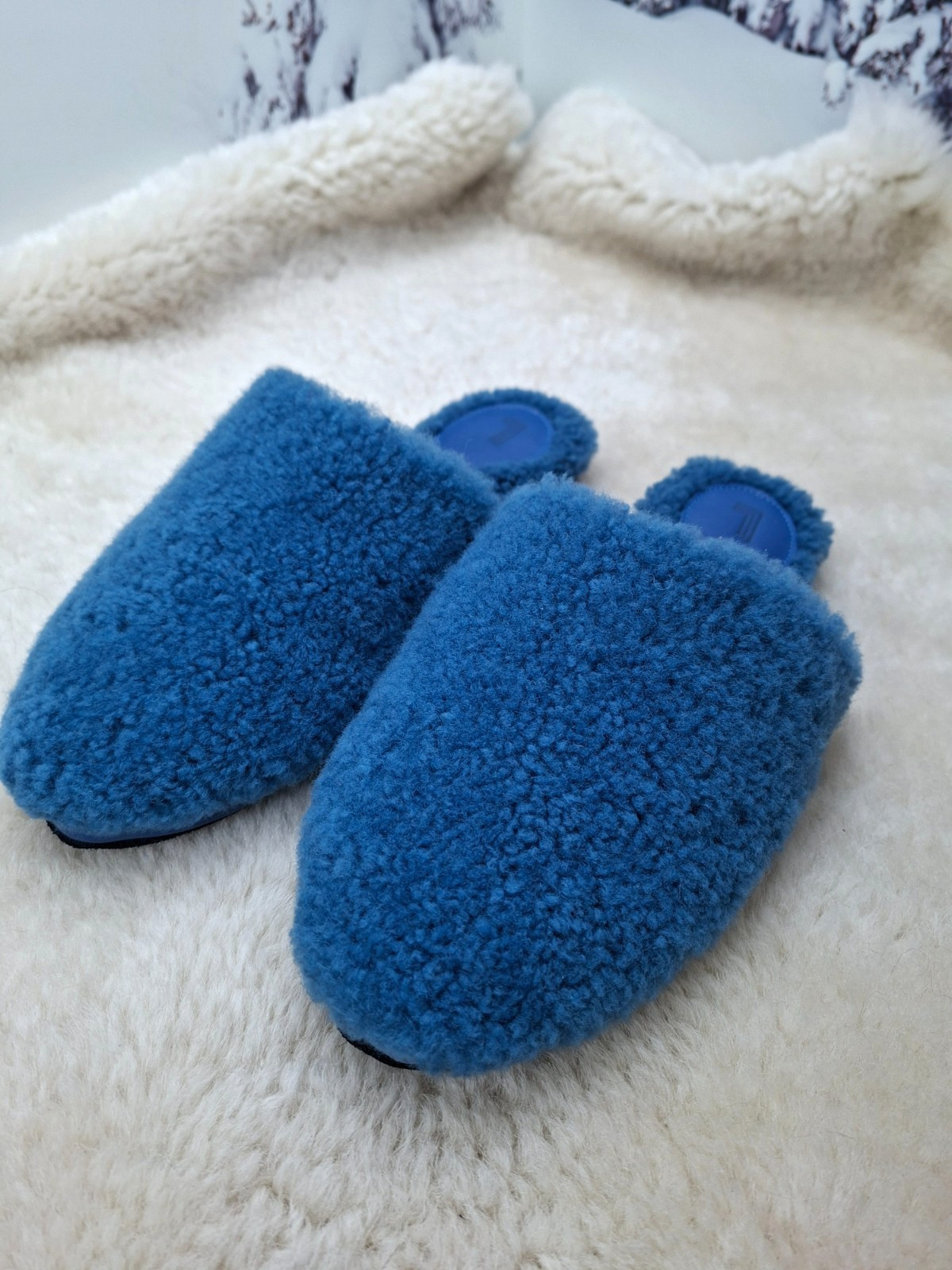 Blue Sheepskin Fur Slippers for Women, Genuine Fur Home Shoes, Gift for women