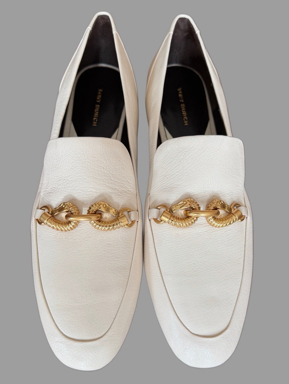TORY BURCH JESSA LOAFER EQUESTRIAN LOGO LEATHER NEW CREAM/GOLD SZ US 10 NIB