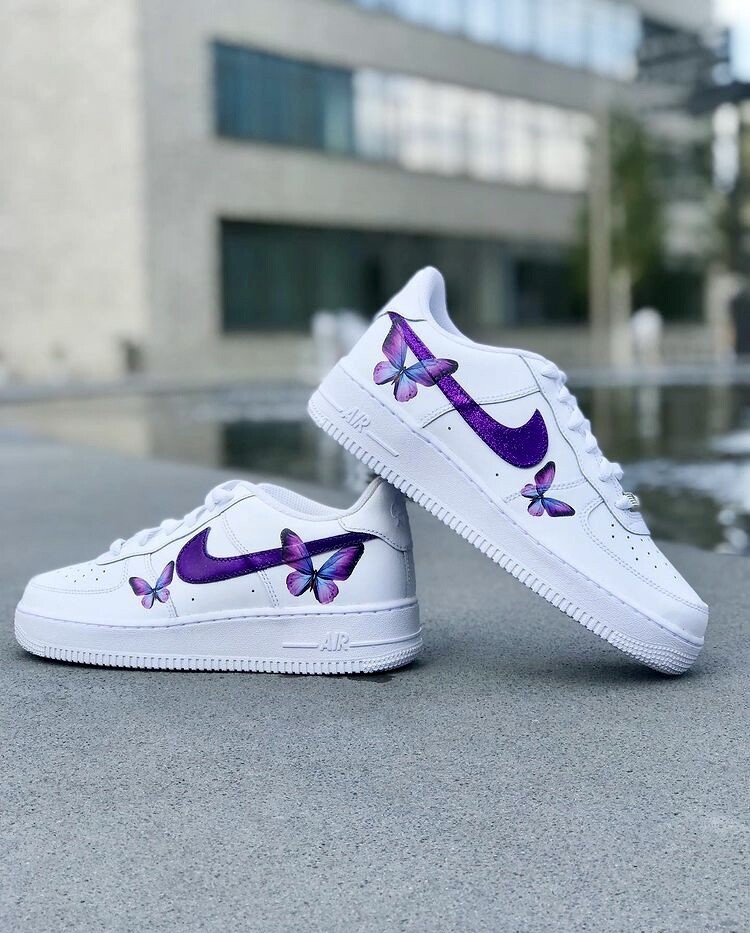 Nike Air Force 1 «Purple Glitter Butterfly» Low White Custom Shoes All Sizes
