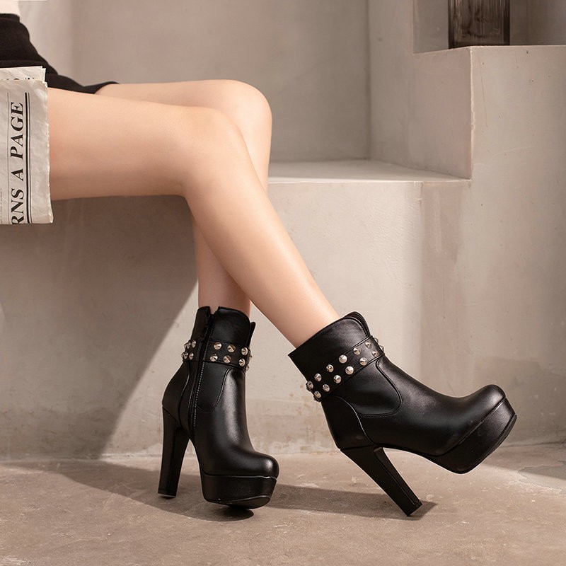 Womens Club Ankle Boots Block High Heels Platform Round Toe Zipper Rivets Shoes