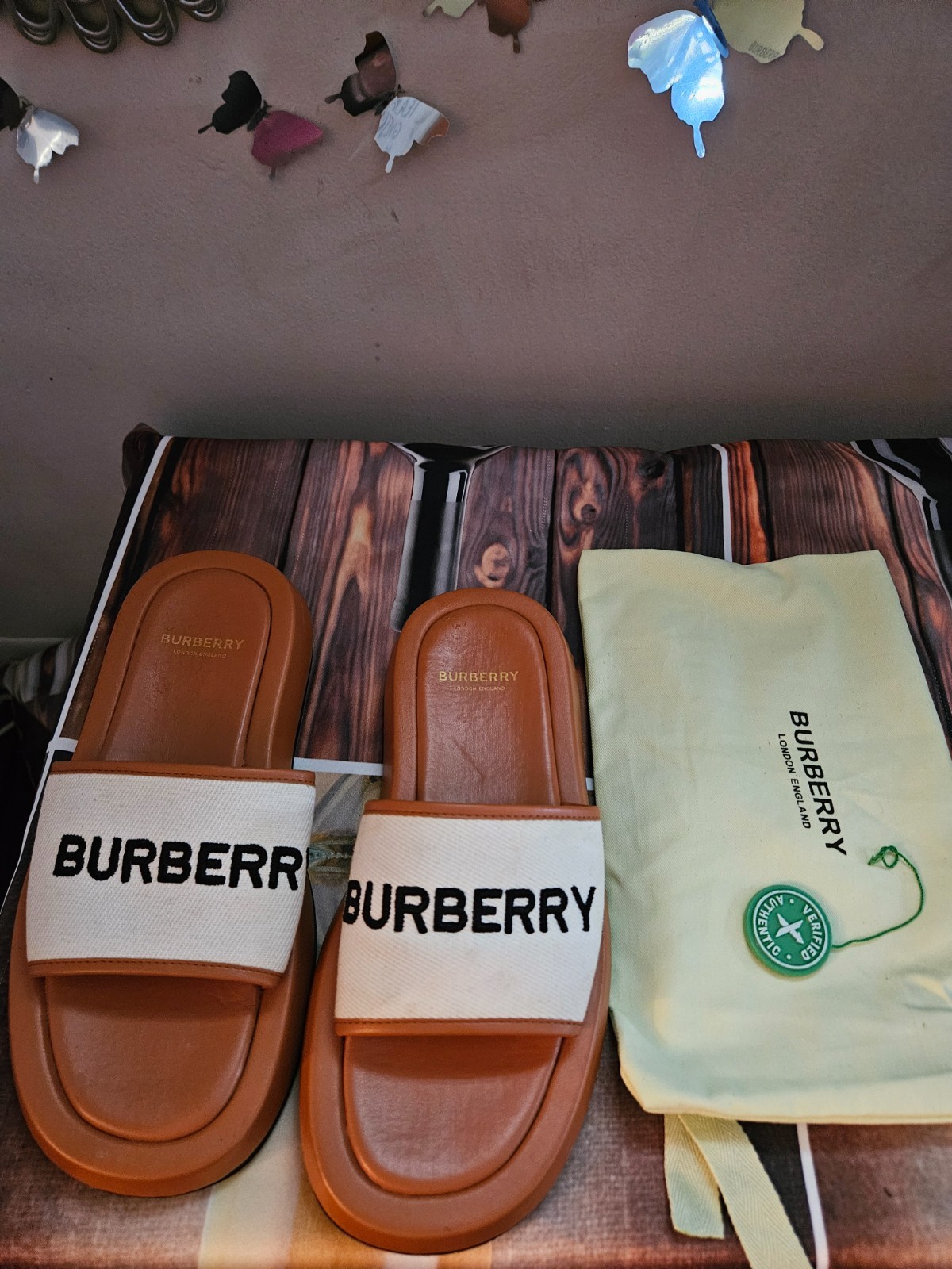 Burberry Bucking Brown Logo Slides In Canvas & Leather Sz 11 (Original Box}