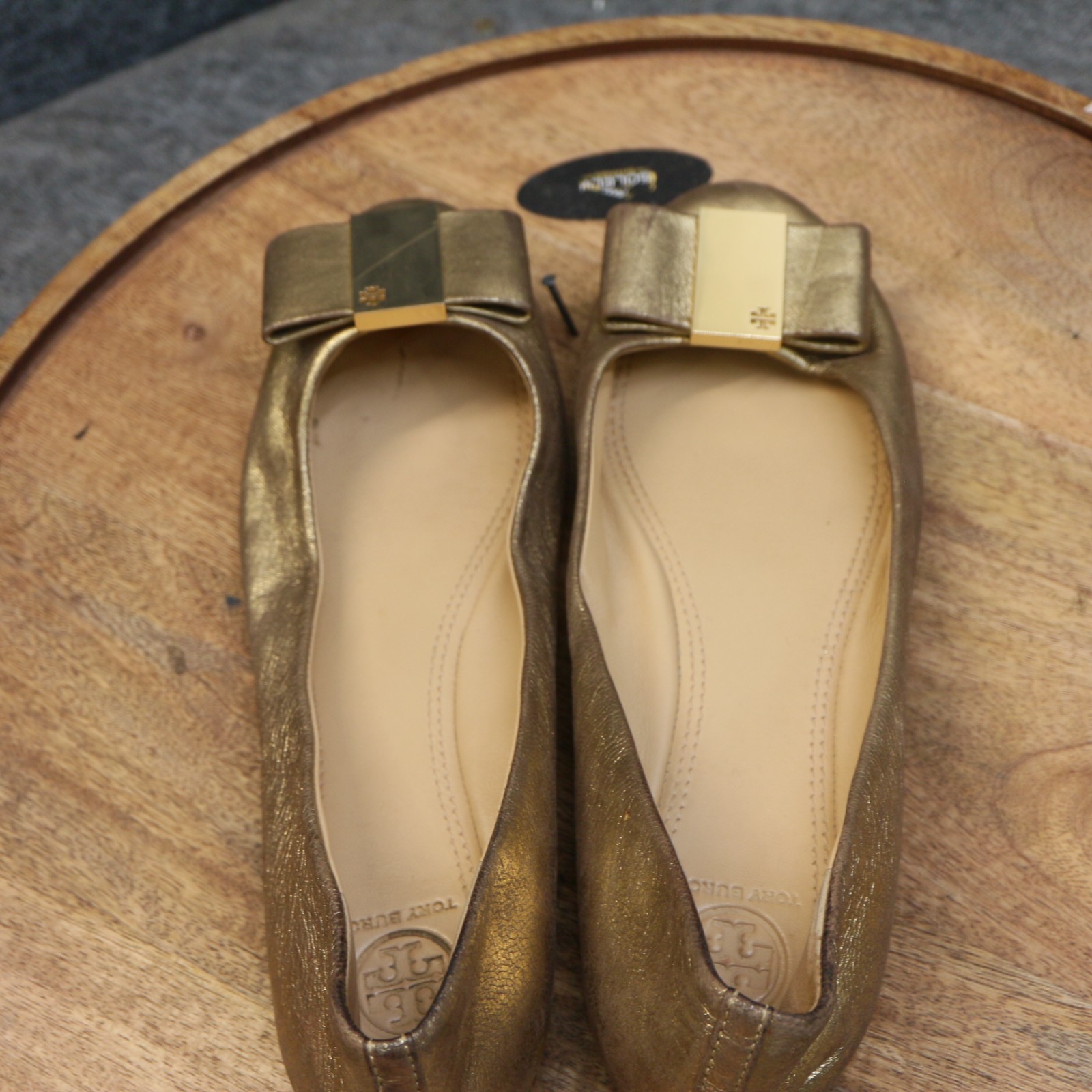 Tory Burch Chase Ballet Flats Size 8 M Metallic Gold Leather Bow Slip On Shoes