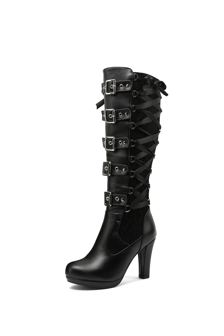 Women’s High Heel Zip Lace Faux Leather Knee High Long Boots Punk Riding Shoes
