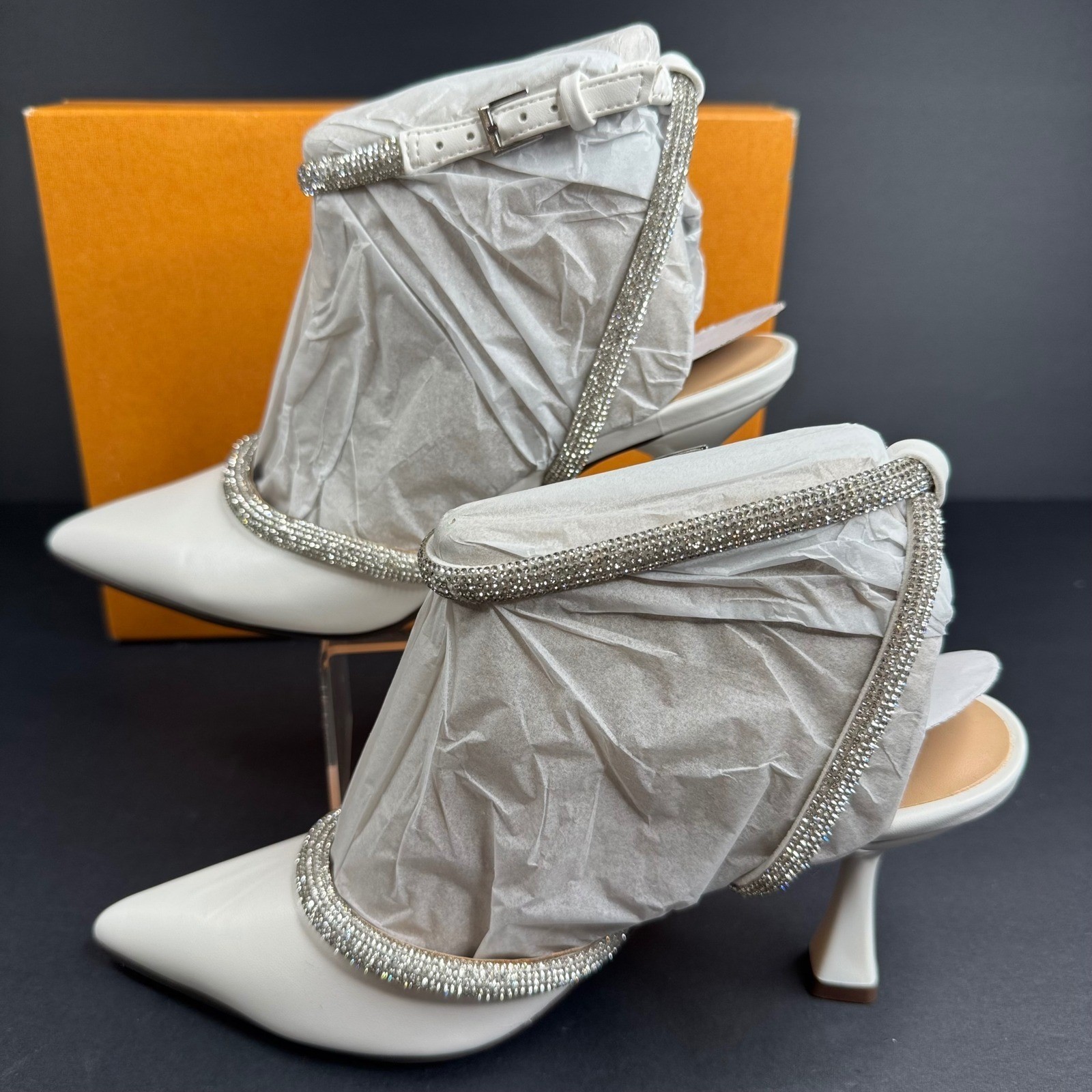 Unisa UNSEBI2 White Rhinestone Slingback Pointed Toe Flared Kitten Heels Wmns 5