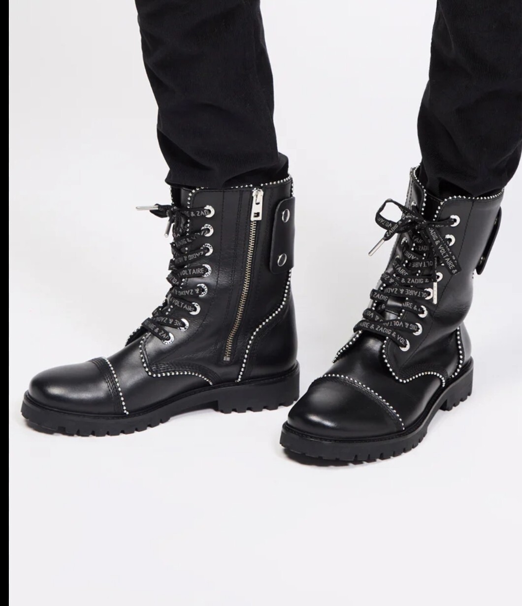 Zadig & Voltaire Joe Studs Boots Black Leather Lace Up Zip Logo $548, Sz 36 NIB!