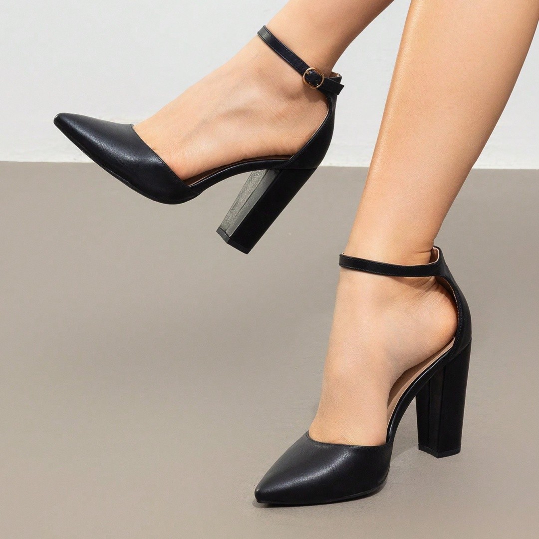 Women Chunky Block High Heel Ankle Strap Pointed Toe Wedding Dress Pumps