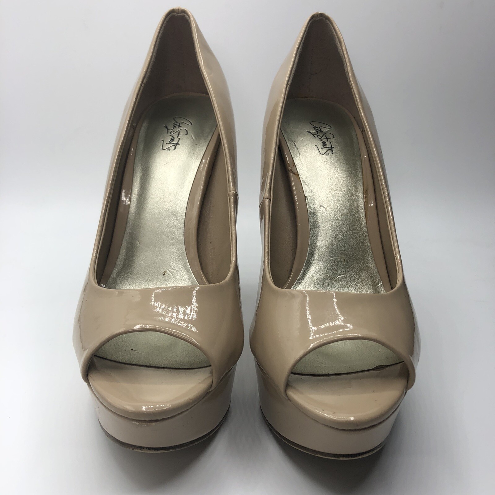 City Streets Womens Size 8.5 Tan Slip On Peep Toe Platform Pumps