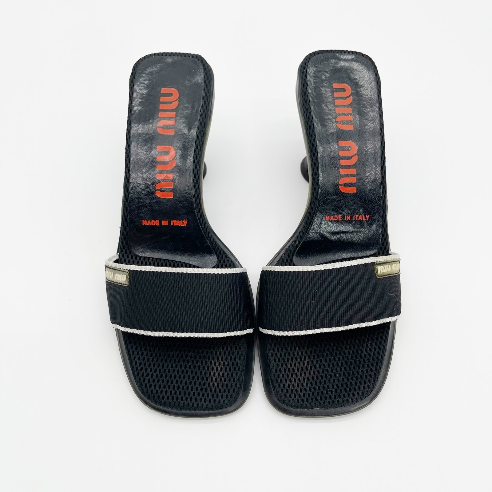 Miu Miu 90s y2k Black Mesh Logo Bubble Sole Kitten Heel Mules Slides IT 36.5