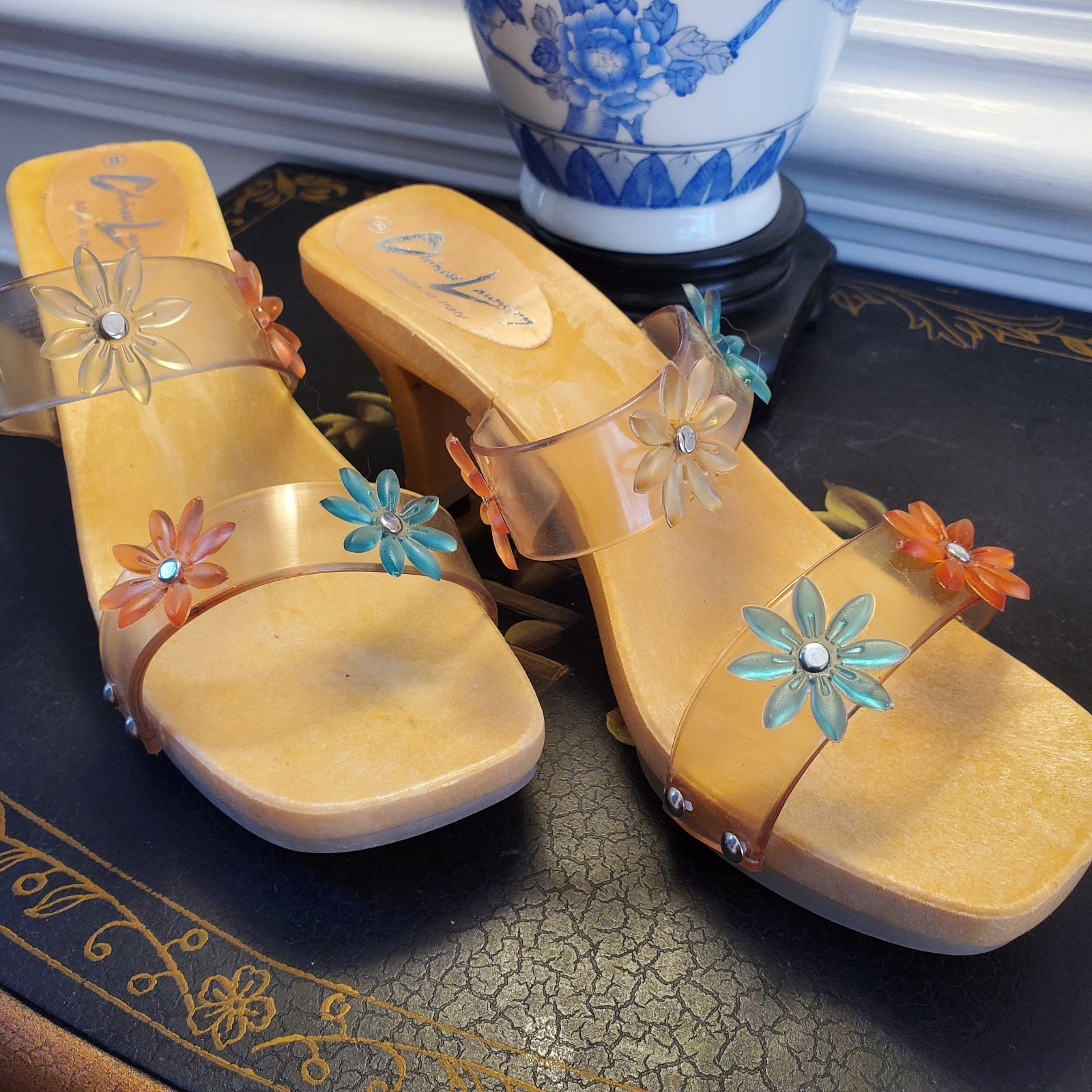 Chinese Laundry Slip-On Heels Clear Straps Jelly Flowers Rubber Platform Italian